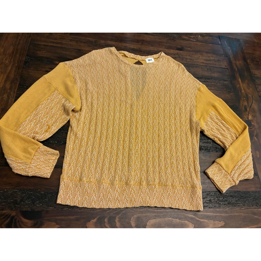 BKE Mustard Key Hole Sweater Women's Size Medium Multi Texture Cozy Lightweight